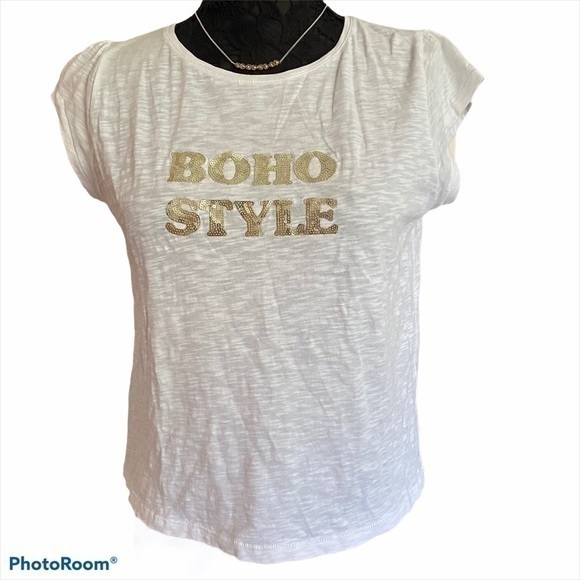 Anthropologie white cotton boxy cropped boho short sleeve Tee Shirt Medi… - Picture 1 of 7